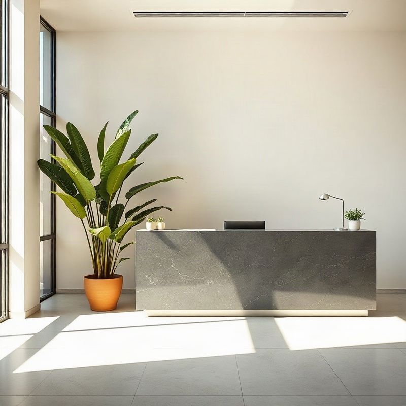 Recepção do escritório da Betascloud com iluminação natural e planta tropical
